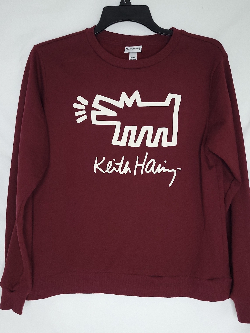 KEITH HARING Women's Burgundy Barking Dog Graphic Fleece Lined Sweatshirt SMALL